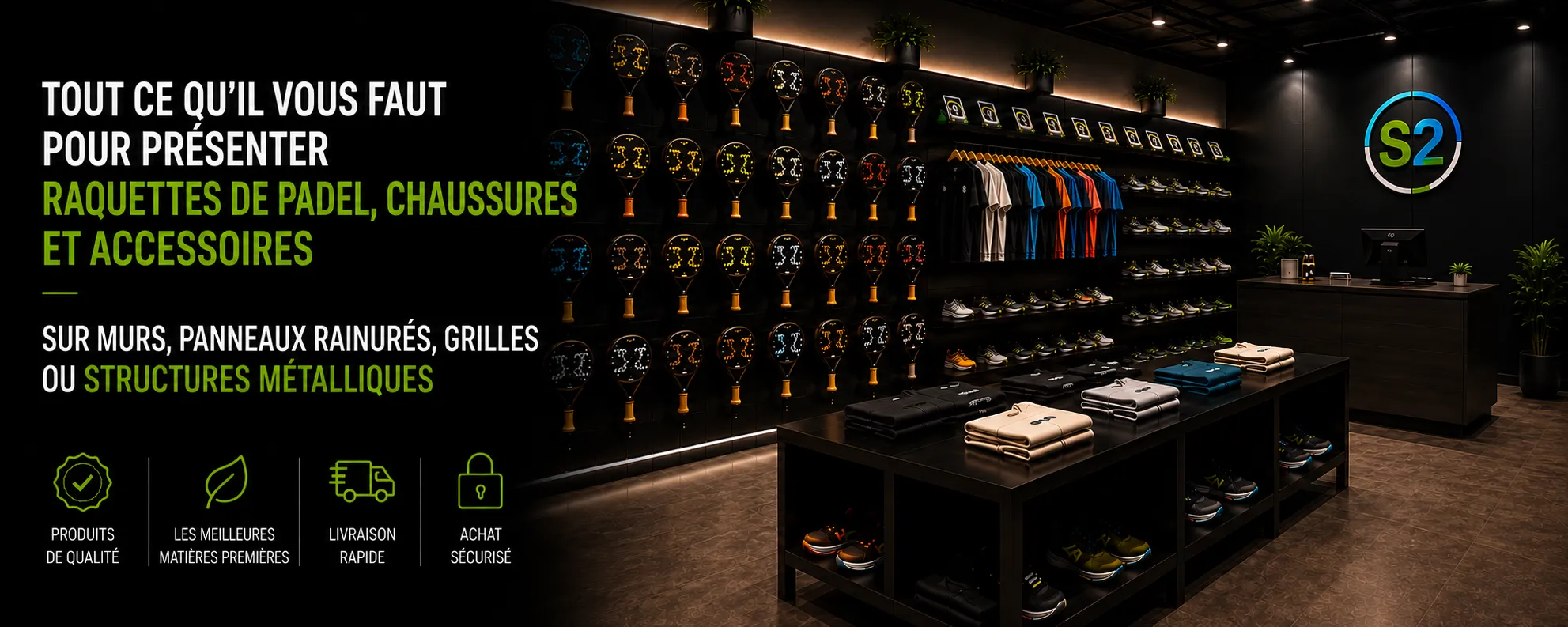 Raquettes, chaussures et accessoires présentés dans un magasin de padel moderne | Shelf2000